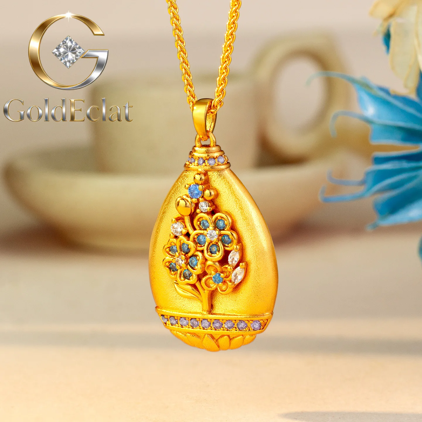 

GoldEclat Luxury 24K 9999 Pure Gold real gold Women's Diamond Life Flower Drop Pendant Clavicle Chain
