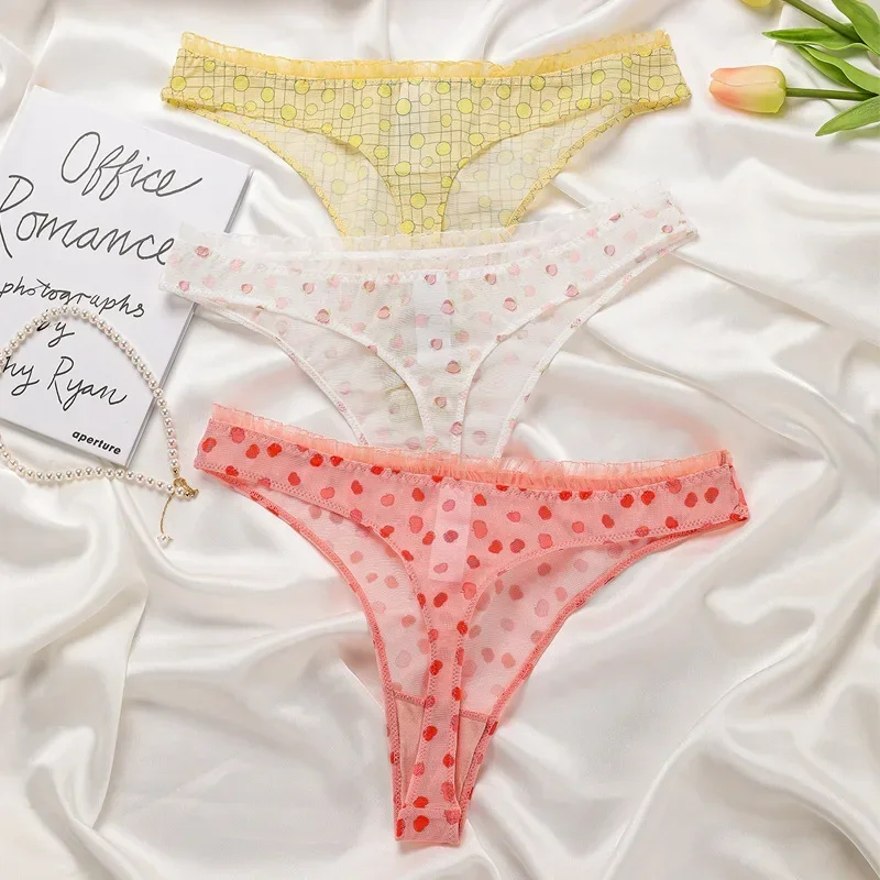

Sweet Fruit Apple Lemon Peach Print Mesh Seamless Panties Cute Lace Ruffles Thongs Lingerie for Women Underwear Tanga Tiro Alto