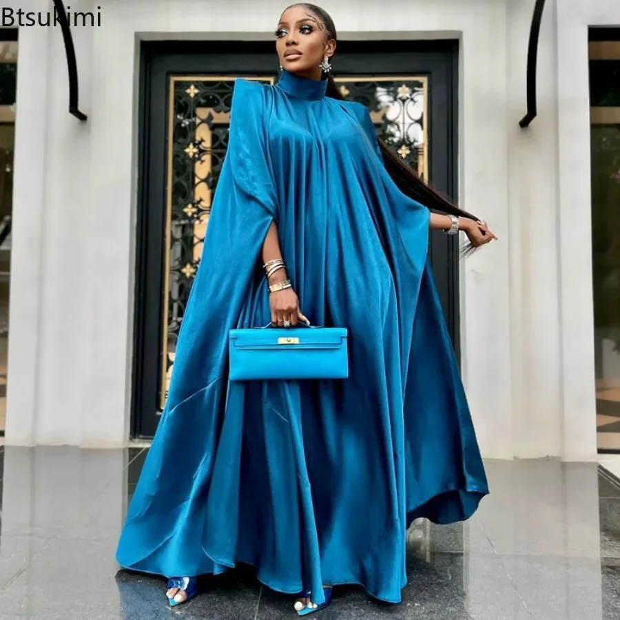 Fashion Luxury Dubai Indian Dress Muslim Abaya for Women Elegant High Neck Loose Pullover Solid Satin Party Evening Dresses Robe