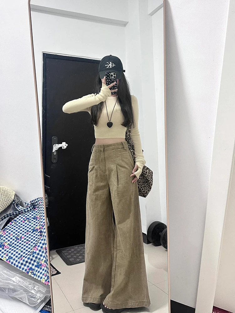 

Джинсовые брюки цвета хаки с широкими штанинами, женские свободные расклешенные брюки с высокой талией, свободные брюки на весну и осень, ленивая рабочая одежда
