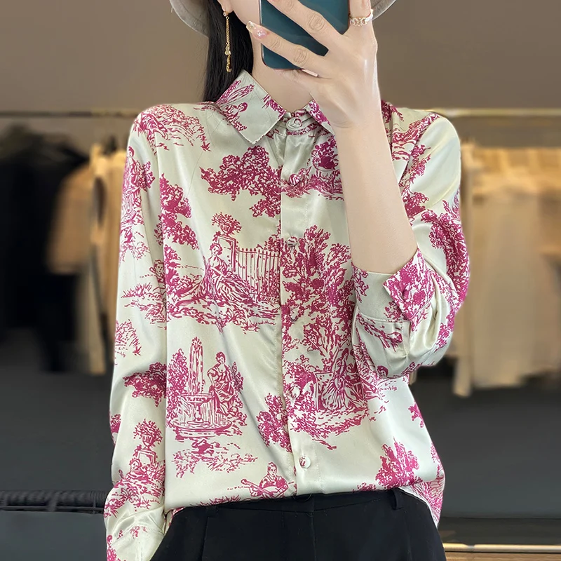 Frauen Langarm Seide Mischung Hemd Neuankömmling Frühling Herbst chinesischen Druck Färben Strickjacke Grundlagen weibliche Freizeit Tops Shirts