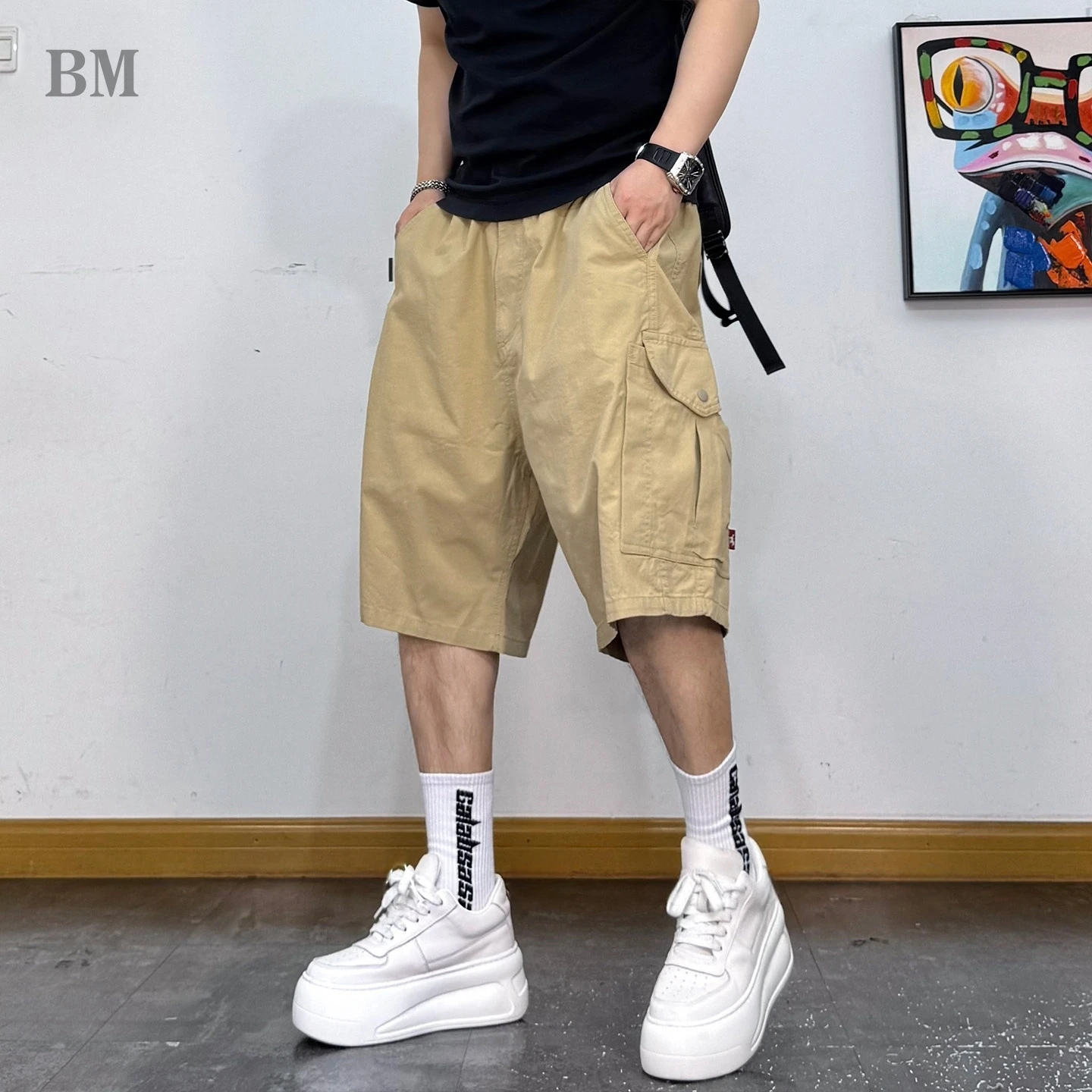 

Cargo Shorts Cargo Pockets Elastic Waist Mens Summer Streetwear Loose Fit Casual Trendy Cotton Breathable Mid Length Pants Male