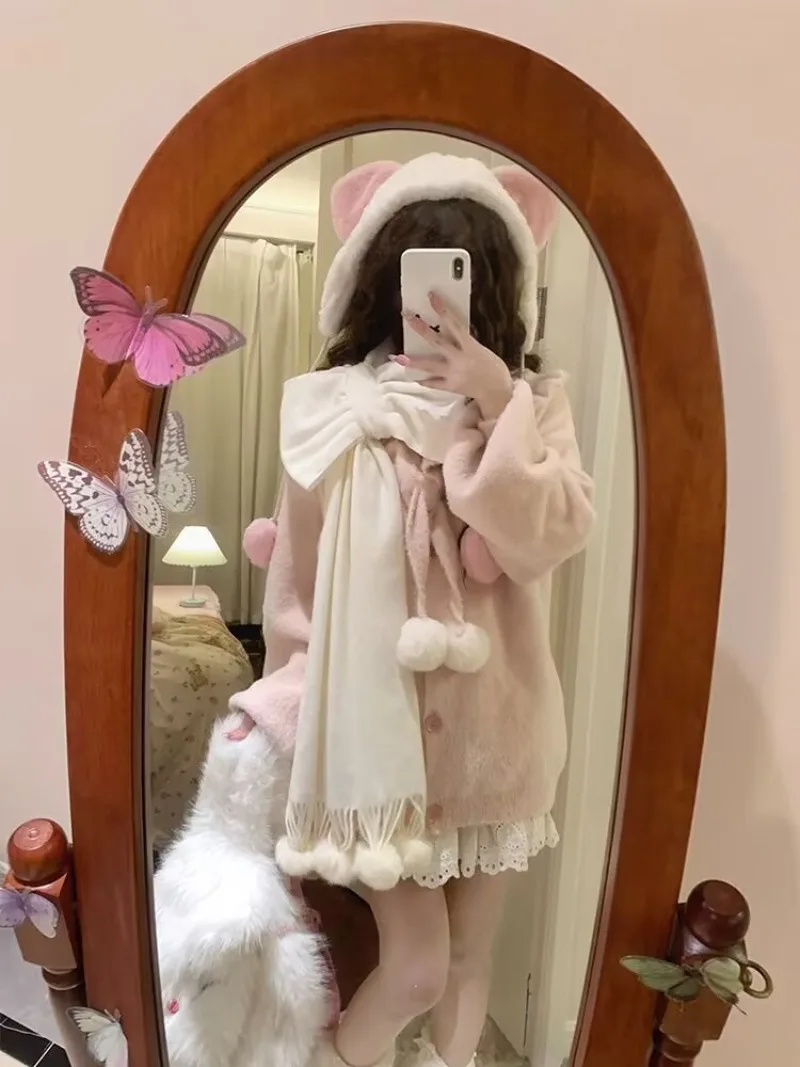 

Kawaii Soft Girl Spring Autumn Clothing Retro Lolita Japanese Knitted Cardigan Loose White Sweater Skirt Sets Y2k Two Piece Set