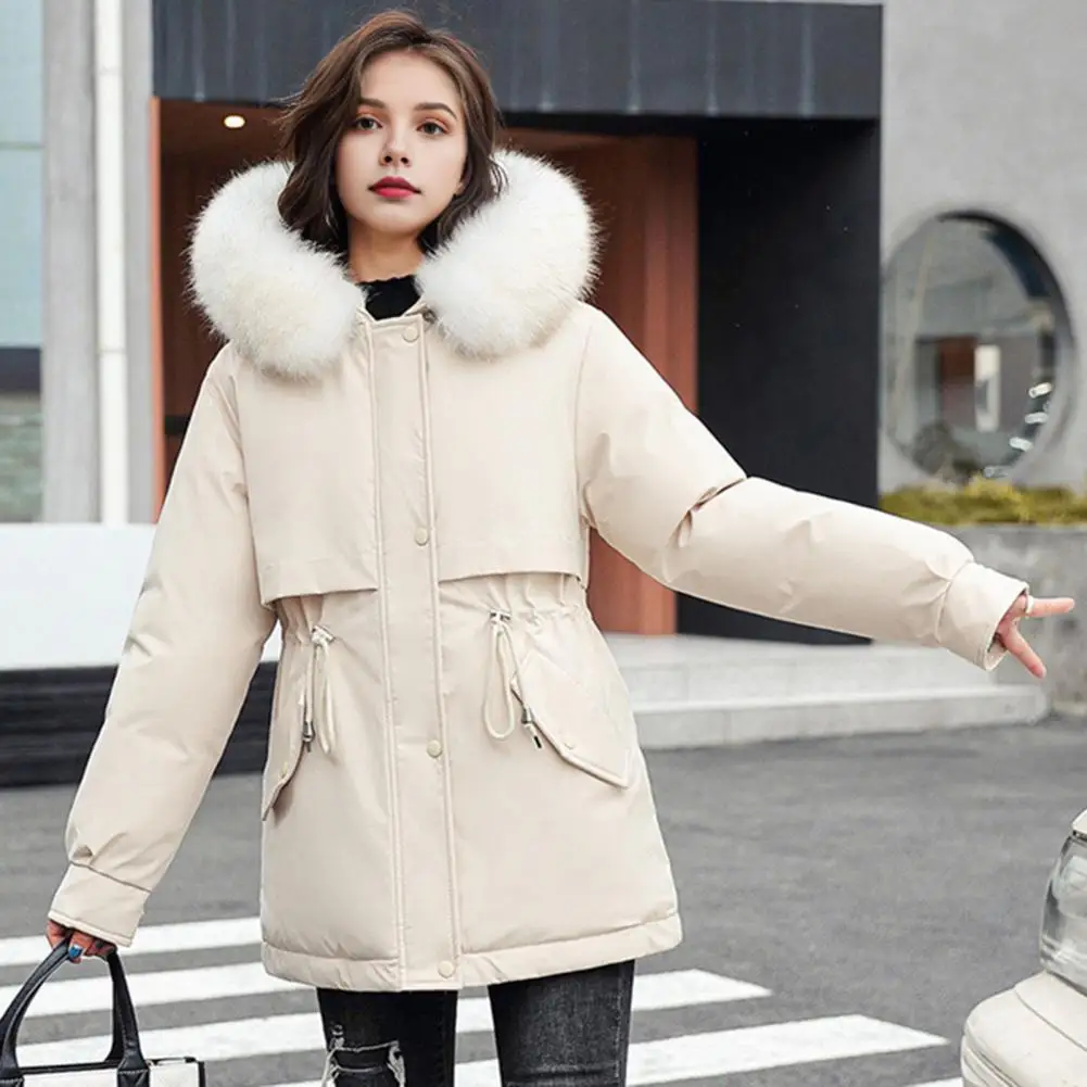 Winter Damen jacke pelzigen Hut Langarm Kordel zug Taillen tasche Reiß verschluss Trenchcoat mittellanger einfarbiger warmer Mantel