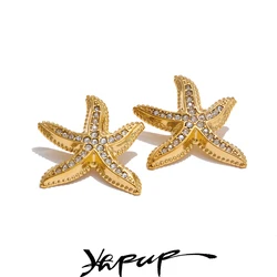 Yhpup Ocean Summer Style Cubic Zirconia Metal Starfish Stud Earrings Stainless Steel Statement Fashion Waterproof Jewelry Gift