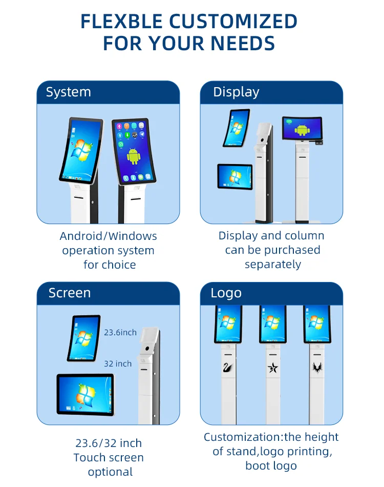 Quiosque de toque curvo Wintouch de 23,6 polegadas com impressora Quiosque de self-service Android com suporte vertical curvo de 23,6 polegadas e 32 polegadas
