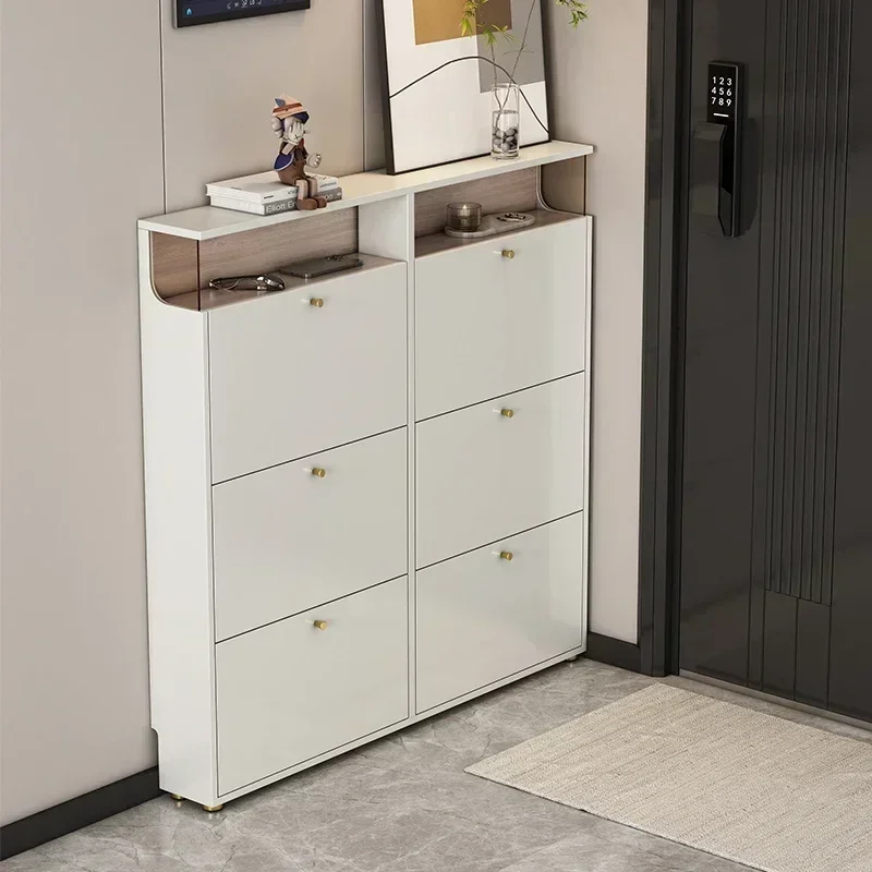 Cream style flip bucket shoe cabinet, ultra-thin entrance cabinet, extremely narrow storage large capacity cabinet