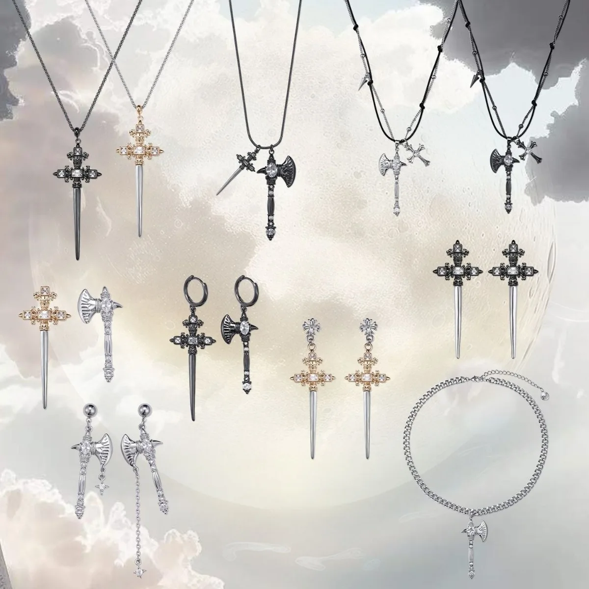 

‘Judgment’Series Original Design Necklace Sword Axe Shaped Punk Jewelry 925 Silver Needle Zircon Inlay Sweet Cool Ornament Gifts