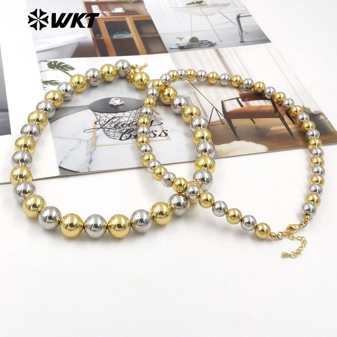 WT-JFN11 Cuentas mixtas de dos tonos, elegantes y de moda, con accesorios de collar corto de cuentas redondas de 18k y Ailver