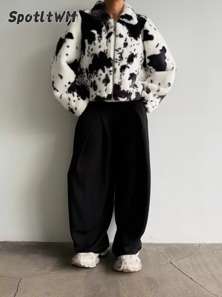 Women's Cow Print Cropped Faux Fur Jacket Turn‑down Collar Zip‑up Long Sleeve Casual Furry Short Outerwear Ladies 2026 Fashion