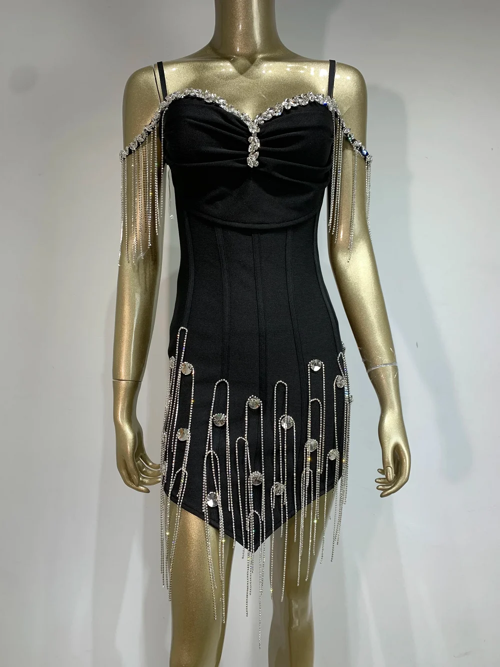 Women Luxury Evening Club Party Dres Sexy Black Spaghetti Strap Crystal Deco Bodycon Mini Short Fringed Bandage Dresses