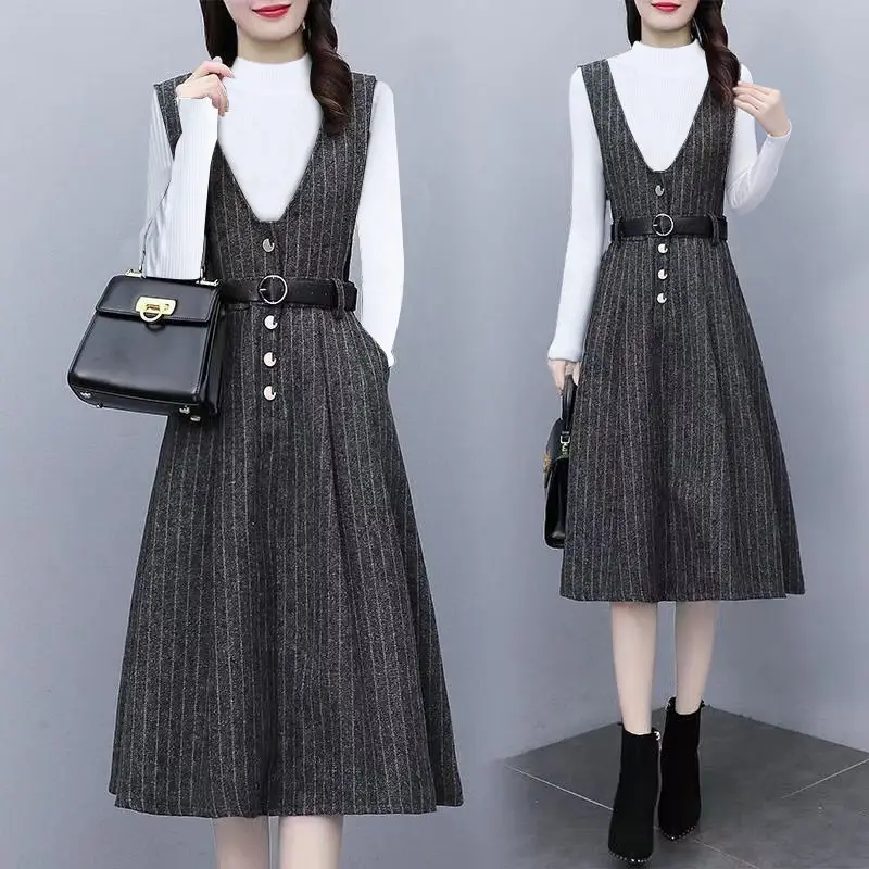 Women's Autumn Winter Fashion V-neck Striped Button Sashes Temperament Versatile Long Sleeved Slim Fit Suit with Strap Dress