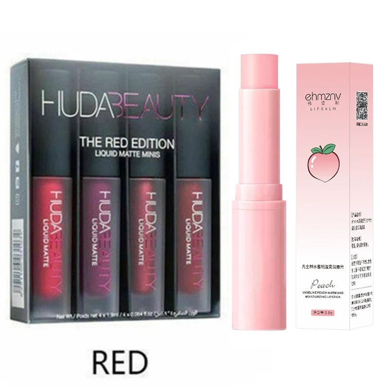 

4pcs Lipstick Moisturizing Lip Balm Set Matte Lip Gloss Glaze Tint Non-stick Non-Fading Lips Huda Lip Makeup Cosmetic Lip Care