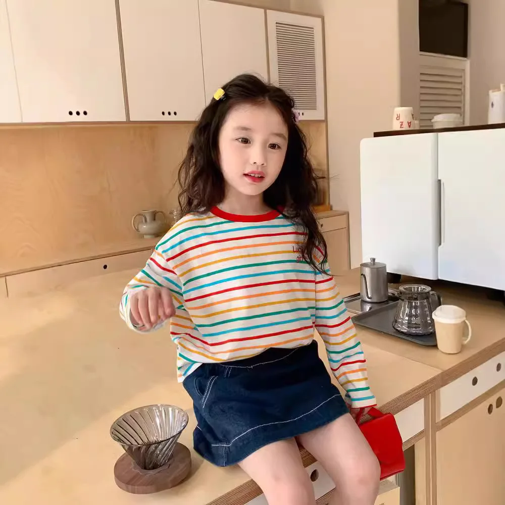 

2-10Y Kids Loose Girl Long Sleeve T-shirt Girl Clothes Colorful Striped Shirt Korean Children's Clothes 2025 Spring Autumn Top