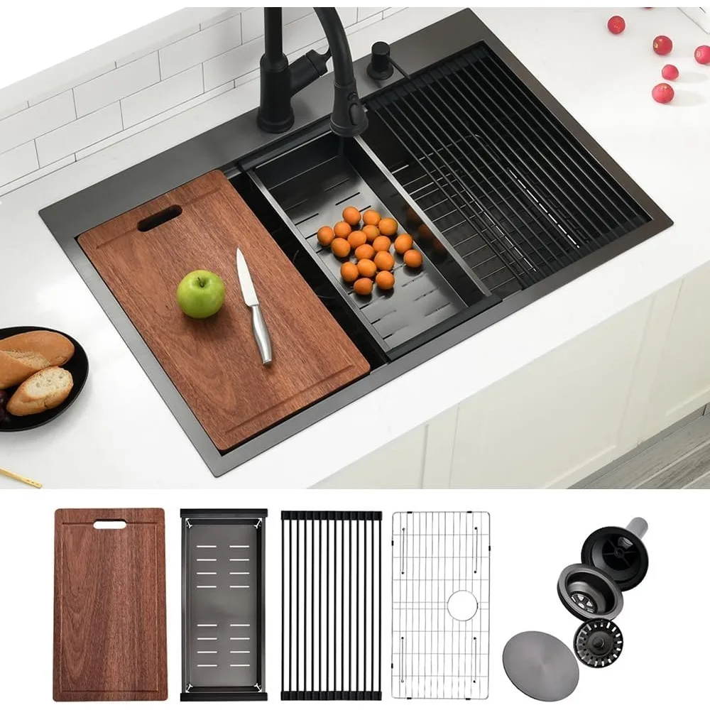 

Stainless Steel Drop In Kitchen Sink, 33x22 Inch 16gauge Black Drop-in Kitchen Sinks, Matte Black Topmount Single Bowl
