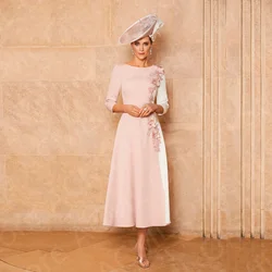 Customized Pale Pink Mother of the Bridal Dresses Tea Length Wedding Guest Dresses Round Neck Mother Gowns 3/4 Sleeves Flowers