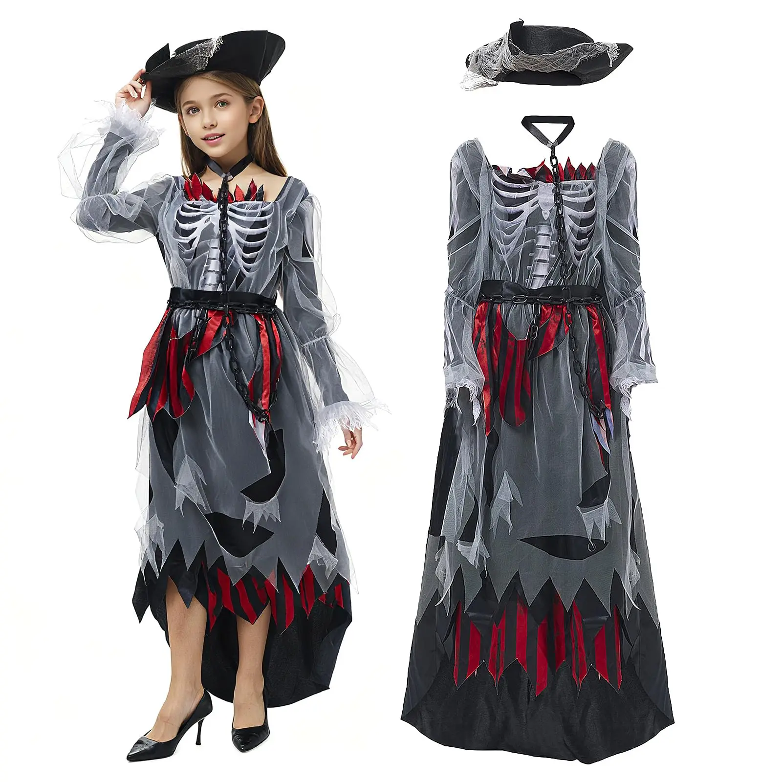 

Pirate Zombie Costume Girl Pirate Dress with Hat Horror Gothic Renaissance Viking Clothing for Halloween Cosplay Costume