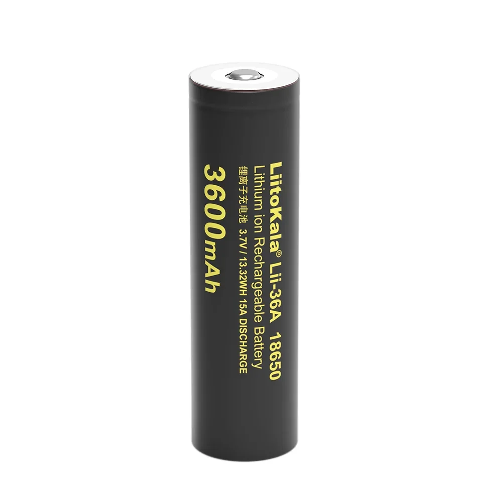 LiitoKala Lii-36A 18650 3600mAh 3.7V Lithium Rechargeable Battery 10A Discharge Batteries with Pointed (No PCB) for Flashlight