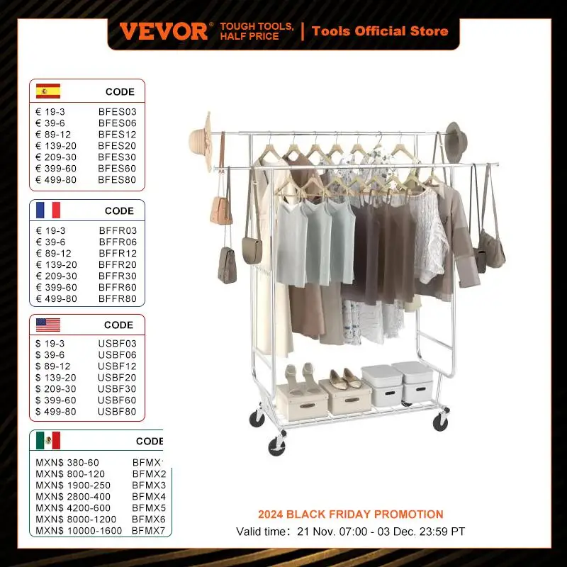 VEVOR Clothing Garment Rack Heavy Duty Clothes Rack Adjustable Length Clothes Rack w/ Bottom Shelf & Wheels for Laundry Room