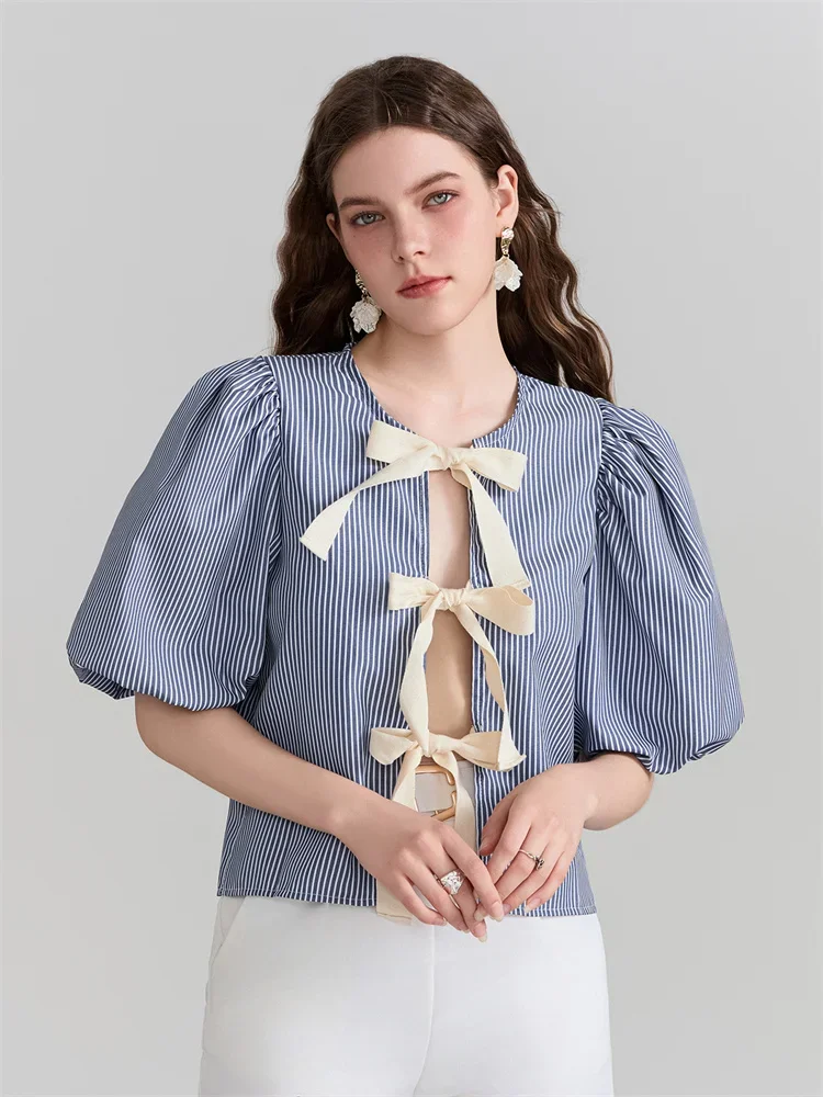 Women's Summer Y2K Babydoll Tops Stripe Print Puff Sleeve Round Neck Bow Tie-Up Front Loose Shirt Loose Blouse Streetwear