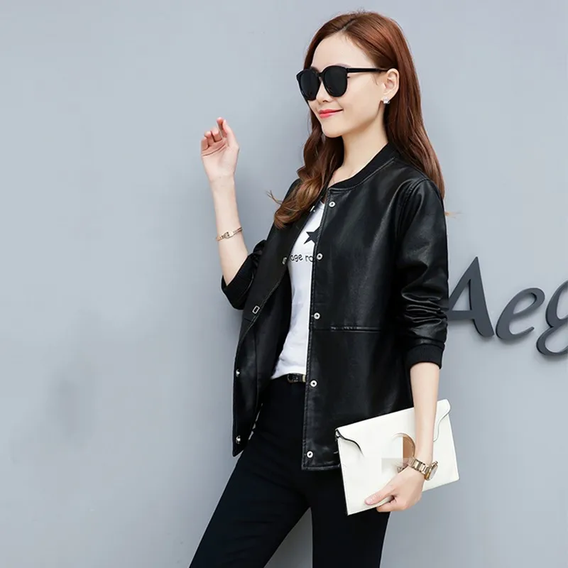 Chaqueta de cuero PU para mujer, abrigo Bomber informal negro con un solo pecho y bolsillo, prendas de vestir cortas holgadas para adolescentes y niñas, primavera y otoño
