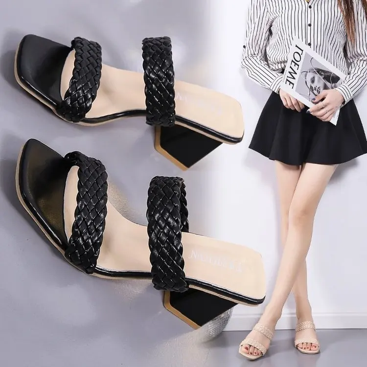 Women Leather Woven Mules Slippers Summer 2024 New Woman Bohemian Chunky High Heels Open Toes Sandals Thick Heels Female Trend