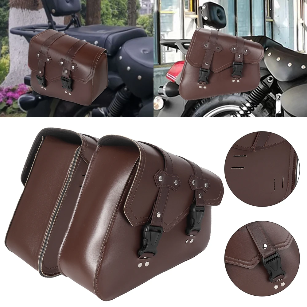 Universal Motorcycle Saddle Bags PU Leather Tool Bag w/Water Bottle Holder Cafe Racer Luggage Bag Waterproof For Cruiser Custom