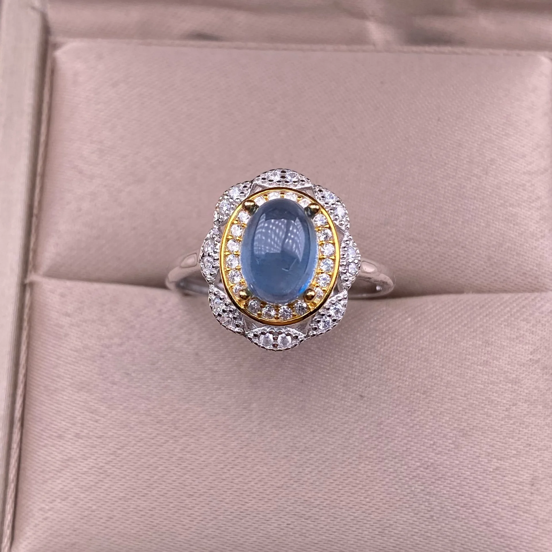 HOYON Natural Sea Blue Treasure Women\'s Ring s925 Sterling Silver Luxury Crystal Colored Gemstone Retro Palace Jewelry Gift