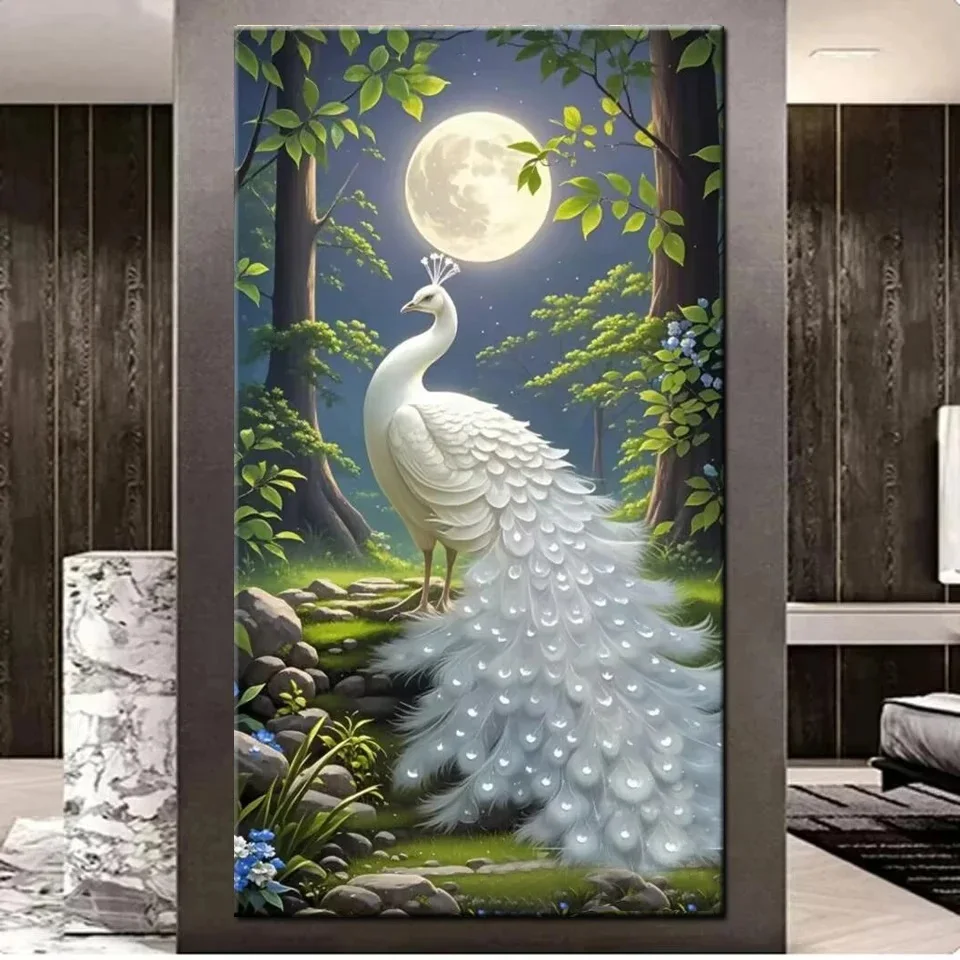 New Arrival DIY 5D Diamond Painting White Opening Elegant Peacock Moon Landscape Full Mosaic Diamond Embroidery Art Rhinestone