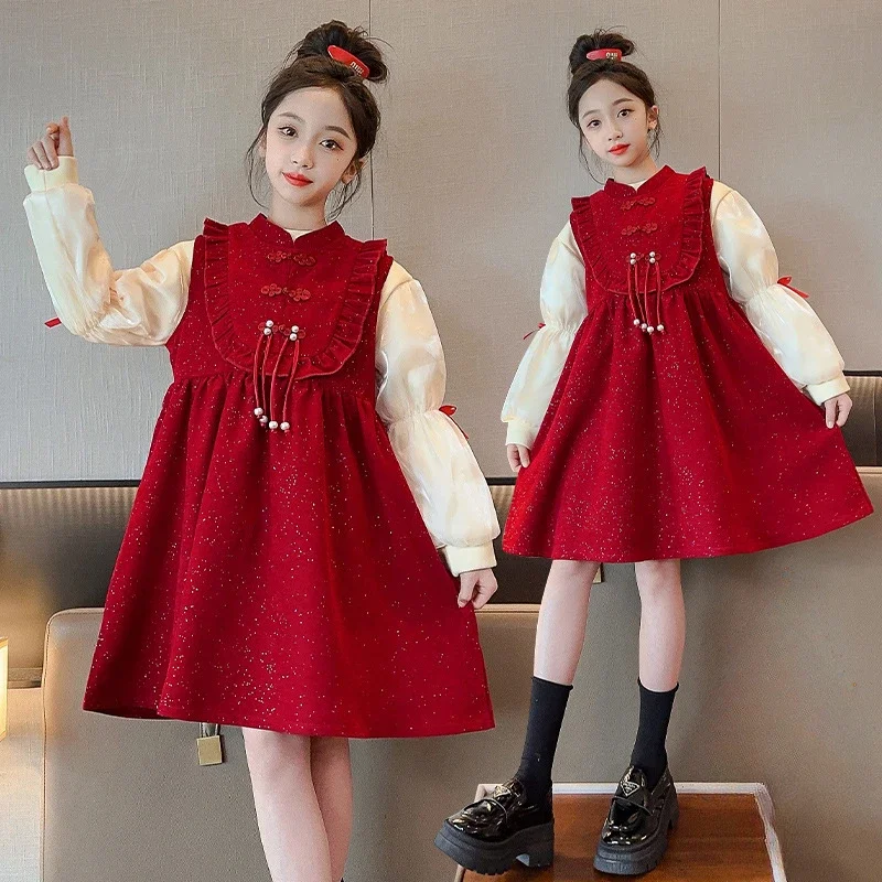 

Girls Dress Winter 2023 New Style Children Fashion Princess Dress Plus Velvet Red New Year Day Clothes Girl Winter Clothes