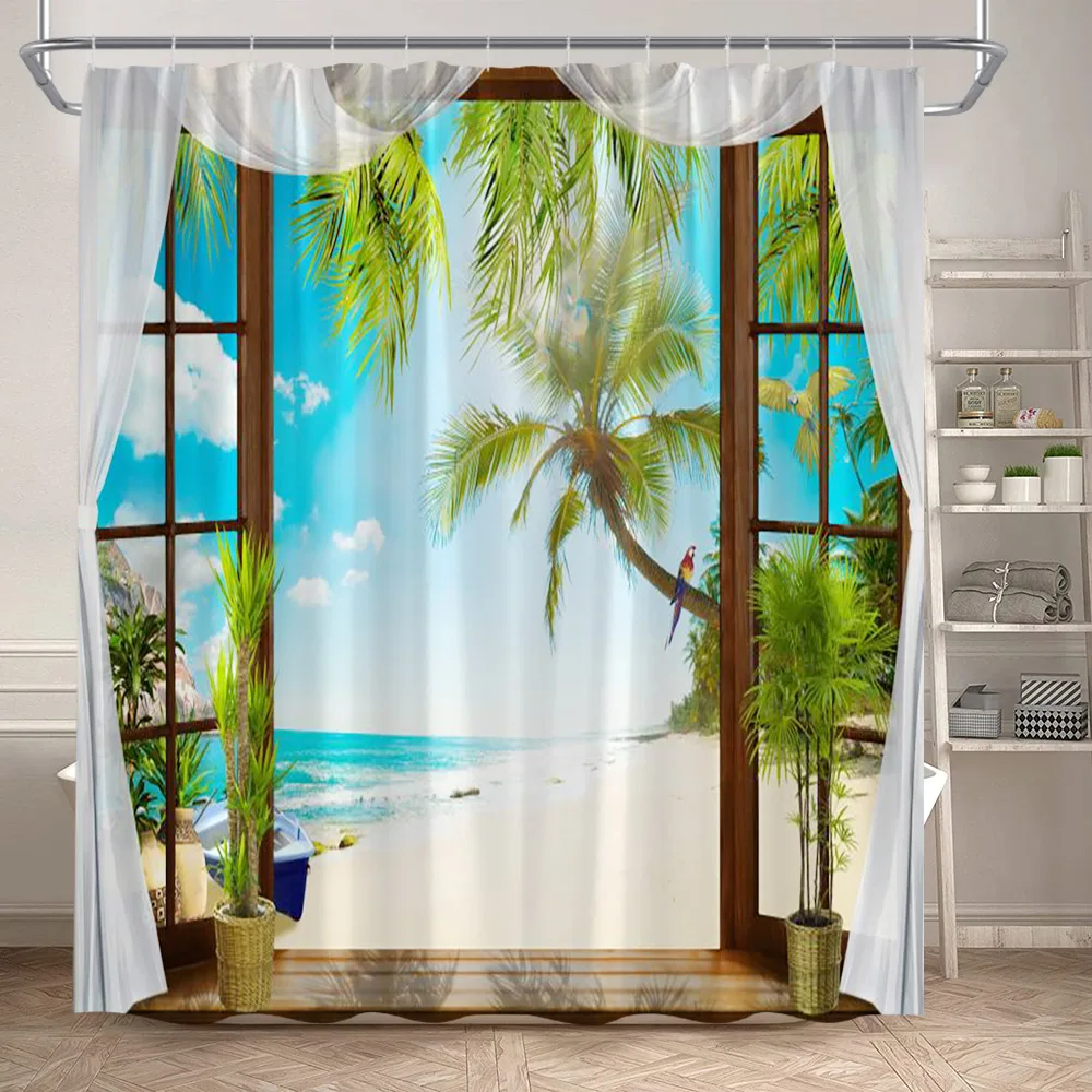 Ocean View Shower Curtains Island Beach Coconut Trees Hawaii Nature Scenery Home Wall Hanging Fabric Bathroom Curtain Decoration