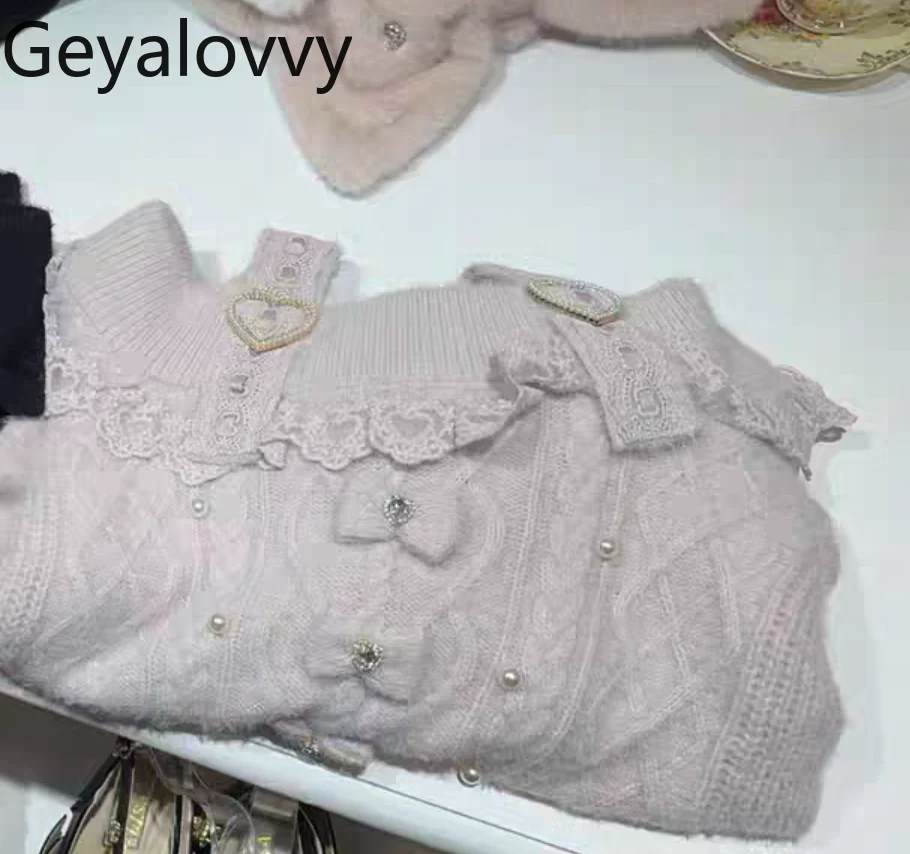 

Autumn Winter Popular Off-Shoulder Long Sleeve Versatile Sweater Classic Sweet Fluffy Heart Button Bow Lace Knitted Pullover