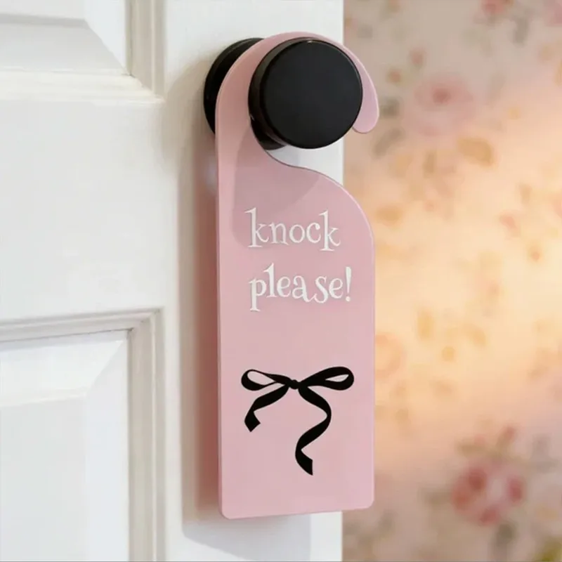 1PC Pink Bow Door Hanger Sign Knock PleaseAcrylic Dorms Bedroom Door Knob Tag Durable Indoor Outdoor Door Decoration