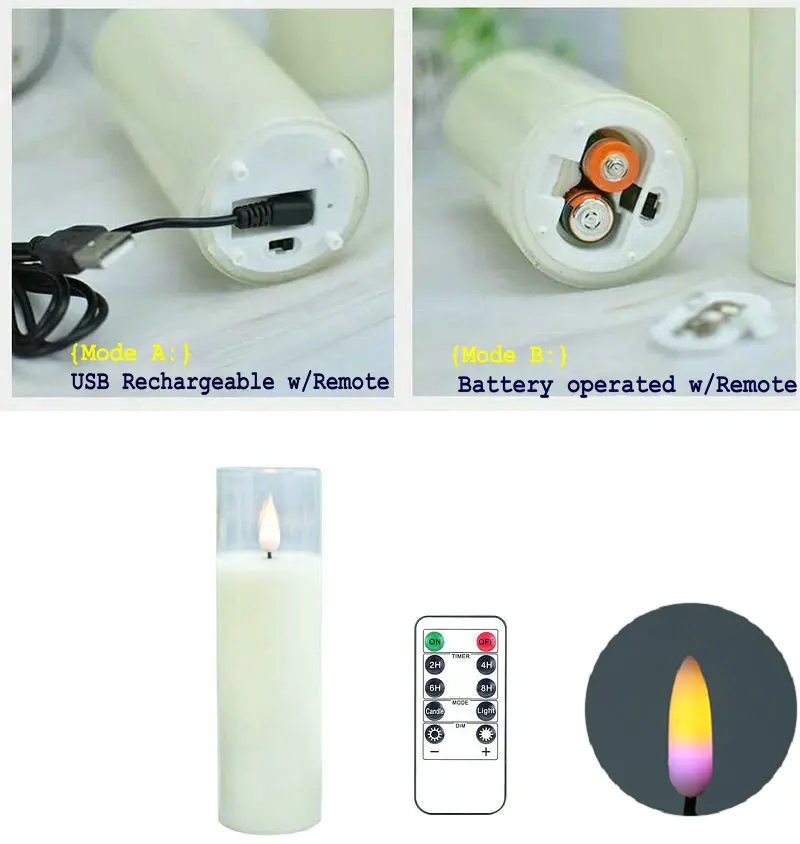 5.3cm(D) Remote controlled Mini Glass Candle Light 3D wick Flickering Led Pillar Candle Lamp Home party Wedding Decor-Dual Color