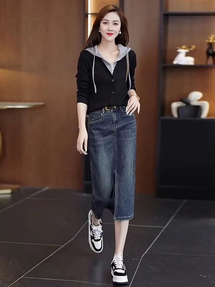 

Модный повседневный комплект для женщин на весну-осень: шляпа и джинсовая юбка, длинный рукав, полиэстер, двухкомпонентный костюм