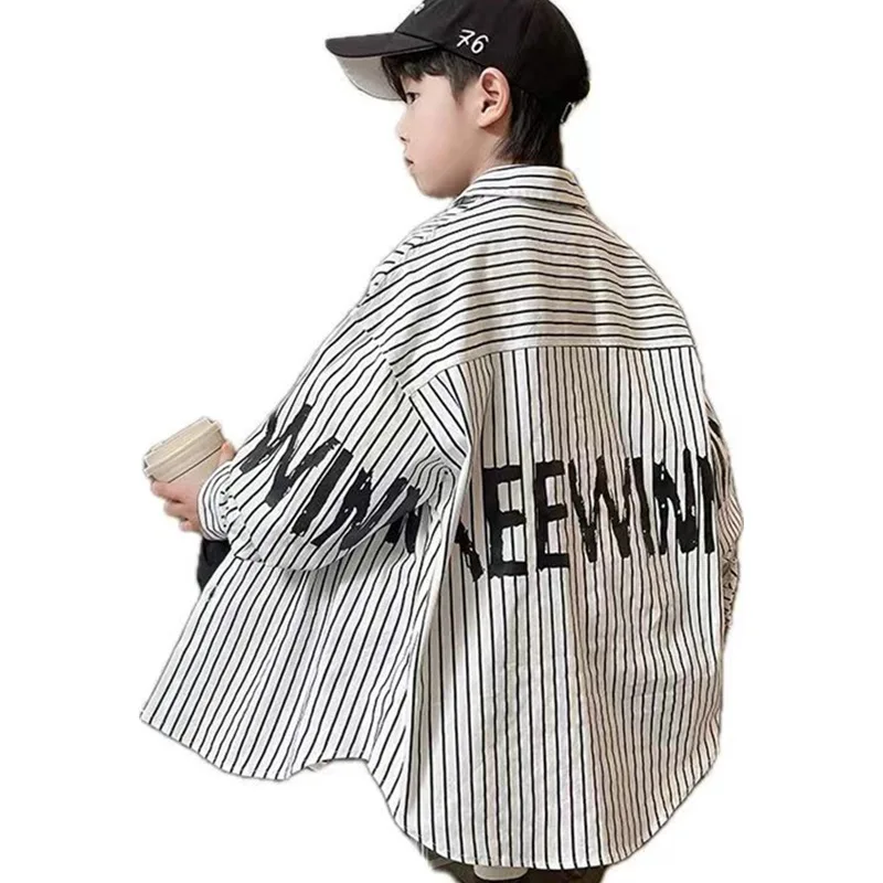 

New Fashion Kids Long Sleeve Black And White Striped Shirt For Teen Boys Korean Loose Style Teenage Boy Letter Blouse Tops 5-14y