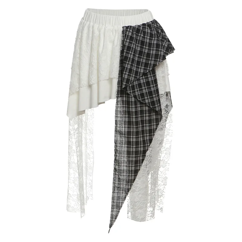 

2025 Europe, America and Summer Cross-border New Irregular Solid Color Splicing Plaid Lace Slim Fit Trend Versatile Skirt