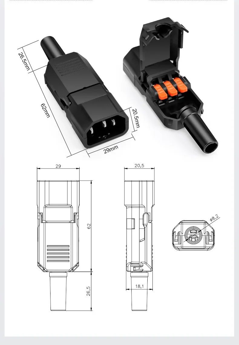 Neuer Typ Terminal-Crimp-AC-Netzstecker 10A/250V Dreiloch-Dreipol-T-förmiger Stecker Männlicher und Weiblicher Docking-Ladekopf – Detail 3
