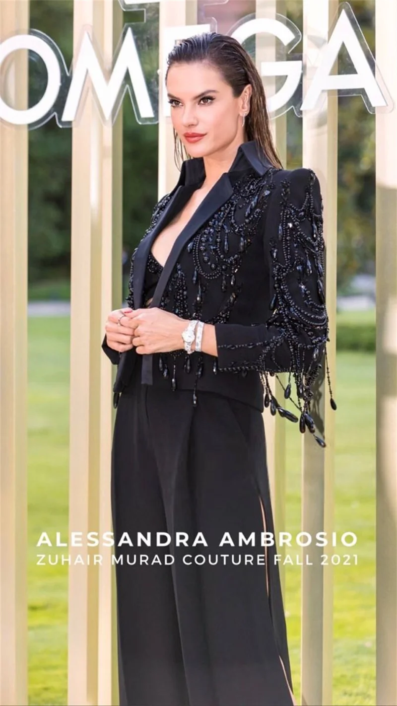 Conjunto de trajes de mujer con cristales negros, chaqueta corta de 2 piezas + Pantalones, chaqueta Formal personalizada para oficina, abrigo de boda de algodón