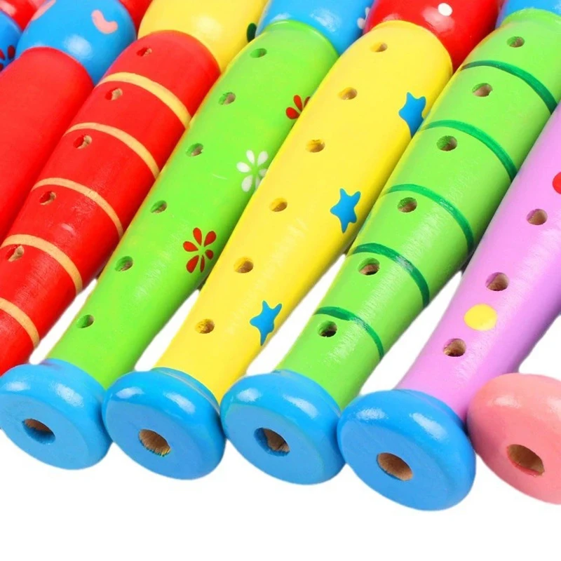 1Pc Wooden Cartoon Flute Children Clarinet 6-Hole Piccolo Musical Instrument Toys Early Learning Educational Wooden Toys