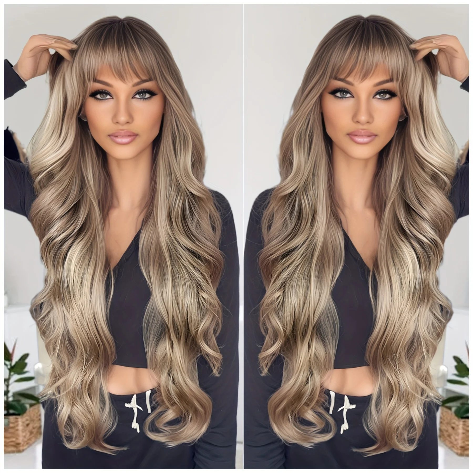 Natural Wind Long Beach Wave Simulation Synthetic Wig - Heat-resistant fiber hair piece with flush bangs, elastic curly wig