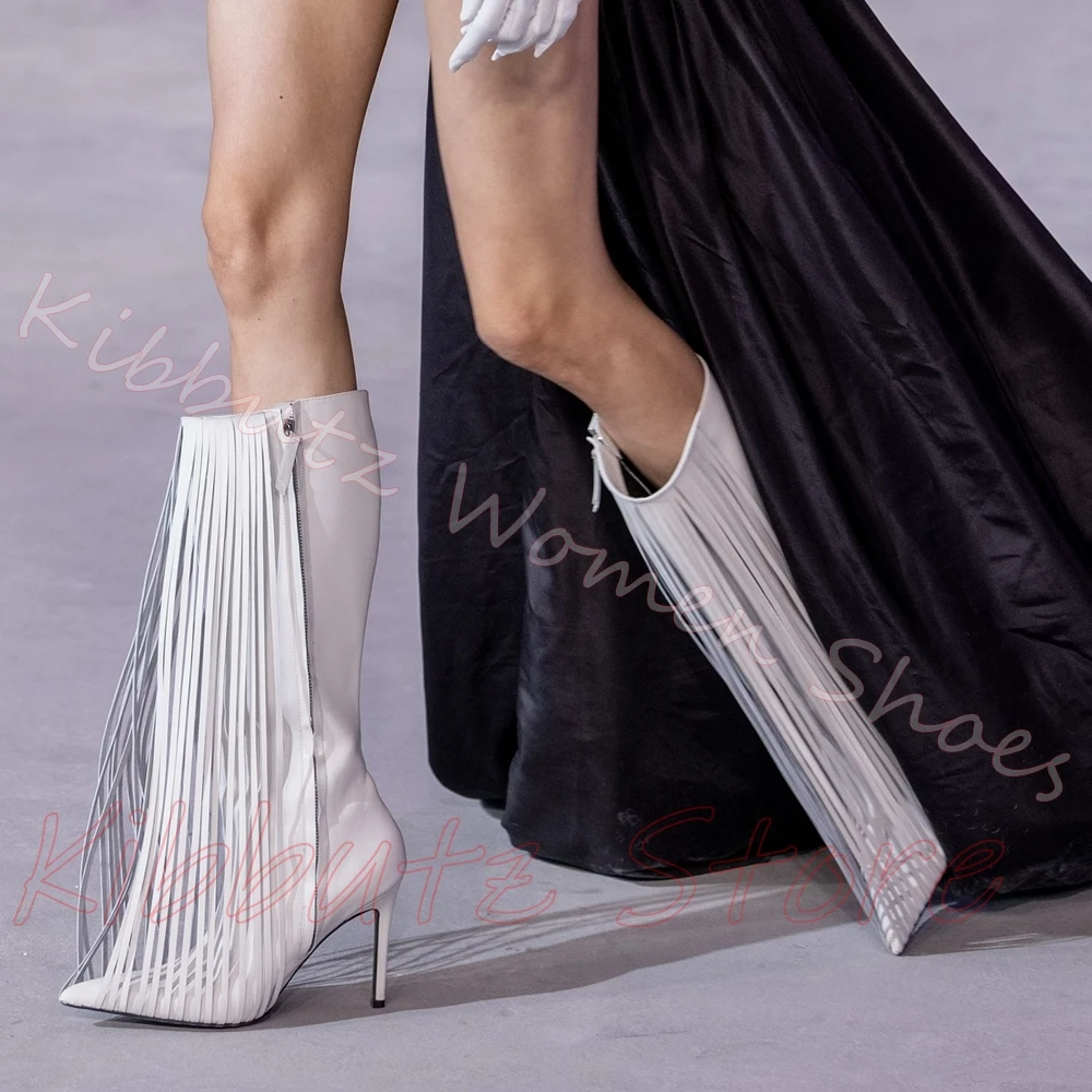 Fringe Knee High Boots Women Pointed Toe Stiletto Heel Zip Western Long Tassel Boots Leather Party Shoes Elegant Formal Ladies