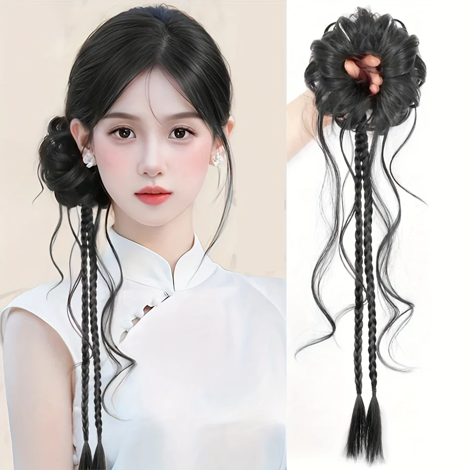 

Synthetic Traditional Chinese Hanfu Wig Style Side Tied Dragon Beard Bun with Twist Braid Curly Wave Ponytail Costume Hairpiece