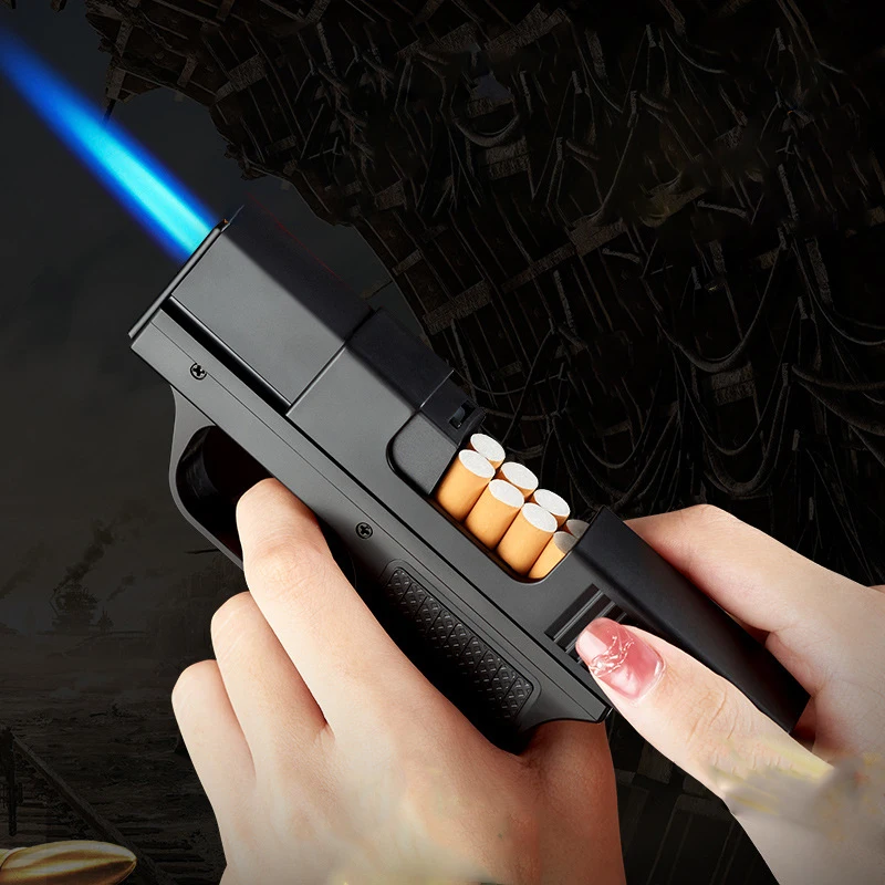 Multifunctional Split Type Gun Butane Gas Lighter Jet Blue Flame Can Hold 8 Regular Cigarettes Smoking Accessories Gadgets