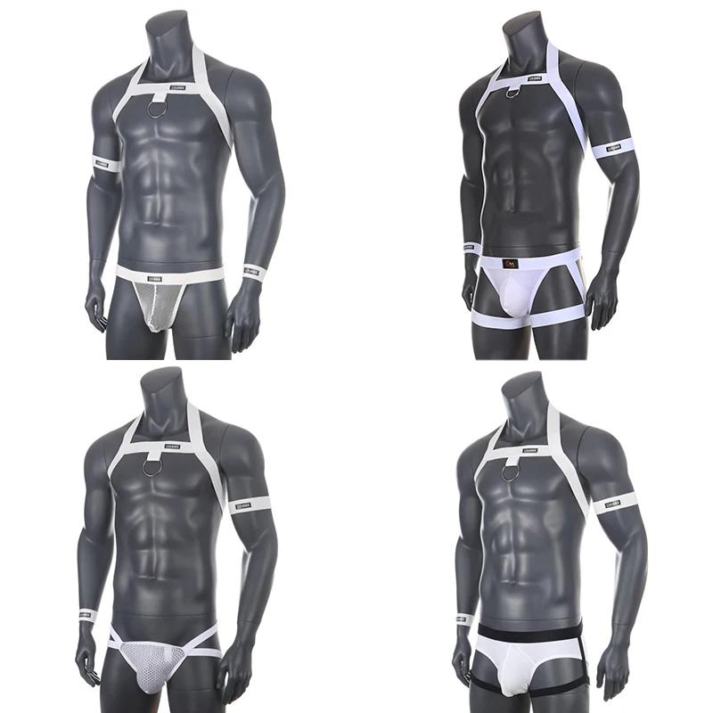 Conjunto de arnês Bondage masculino, sexy chest halter, cinto corporal com braçadeira elástica, pulseira, anel de perna, liga, roupa interior, lingerie, fetiche