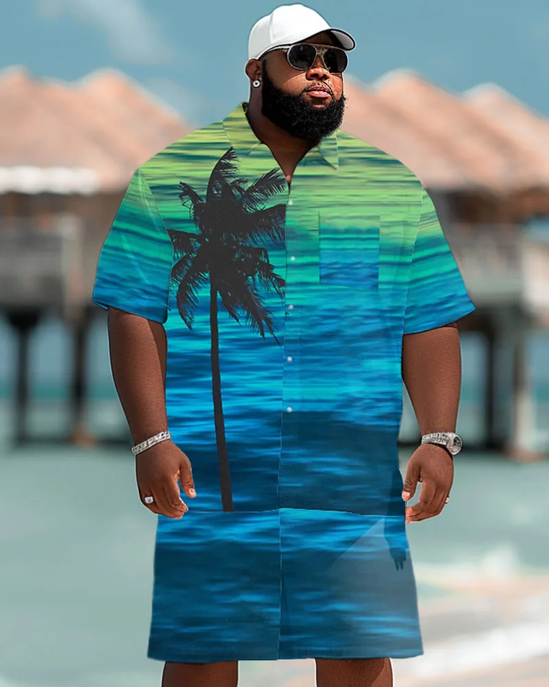 Biggmans Plus Size L-9Xl Summer Beach Men\'s Plus Size Hawaiian Coconut Tree Print Pocket Short Sleeve Shirt Shorts Set