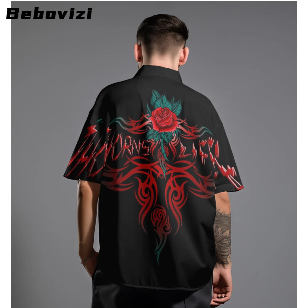 

Hip Hop Fashion Rose Print Streetwear Oversized Hawaiian Shirt 2024 Men Black Beach Short Sleeve Harajuku Aloha Shirt Camisa