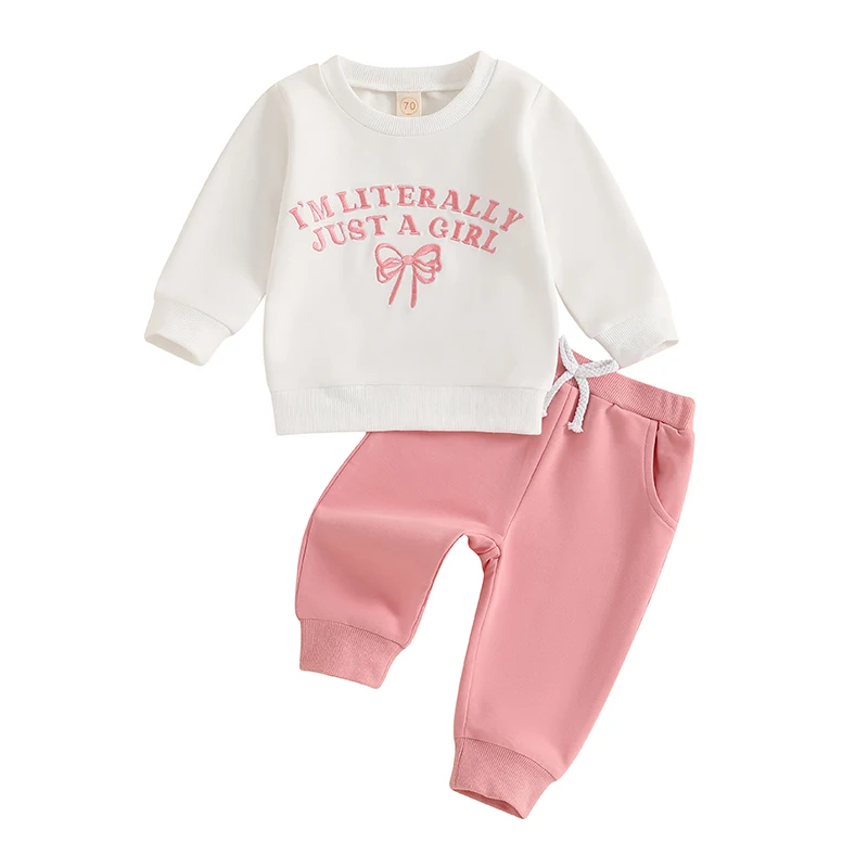 

Baby Girls 2-piece Outfit Embroidery Letters Bow Long Sleeve Crew Neck Sweatshirt with Elastic Waist Sweatpants Fall Clothes