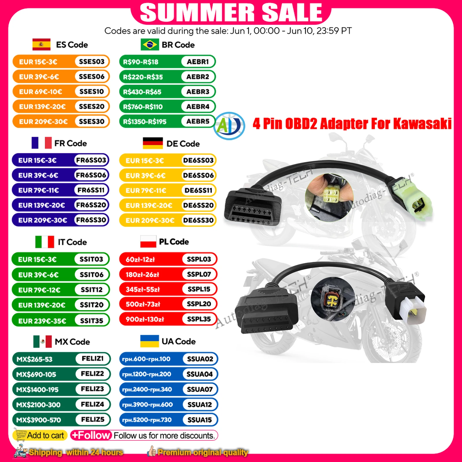 4Pin OBD2 Adapter For Kawasaki Z250 Z650 Z1000 ER6N EX650F