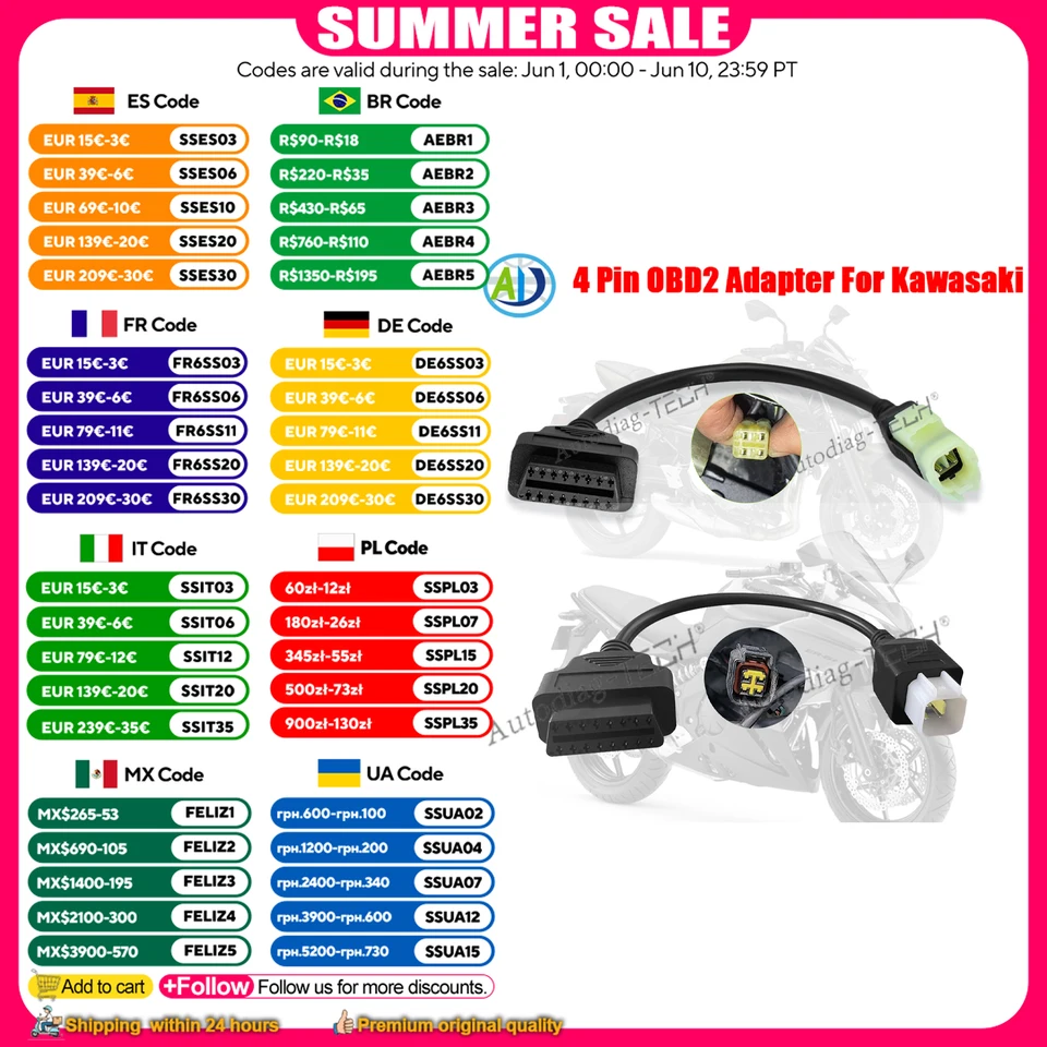 4Pin OBD2 Adapter For Kawasaki Z250 Z650 Z1000 ER6N EX650F